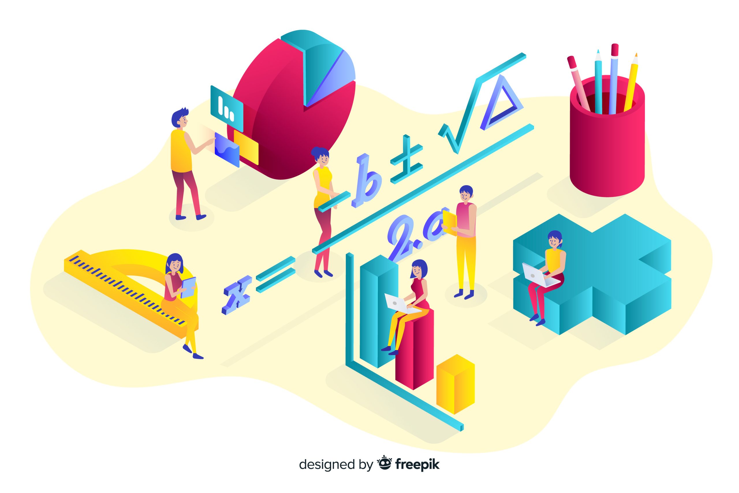 An isometric illustration of people interacting with mathematical and graphical elements. The scene includes a large quadratic formula in the center, a pie chart, bar graphs, and geometric tools like a protractor and ruler. Several individuals are engaged in activities, such as reading, working on laptops, and analyzing data. Bright and vibrant colors like red, yellow, and blue dominate the scene, with a pencil holder and other academic tools in the background. The overall theme is education, mathematics, and data visualization.