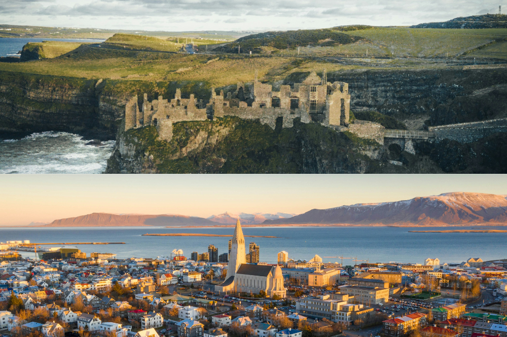 two images of a castle on a cliff and a city view at sunset