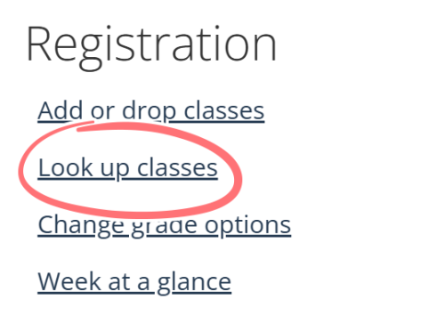 screenshot of registration page with look up classes circled