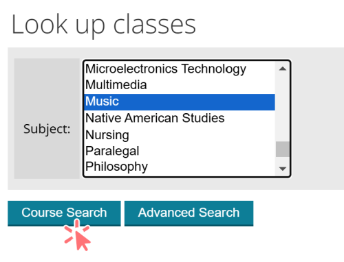 screenshot of look up classes page with music highlighted and clicking course search button 