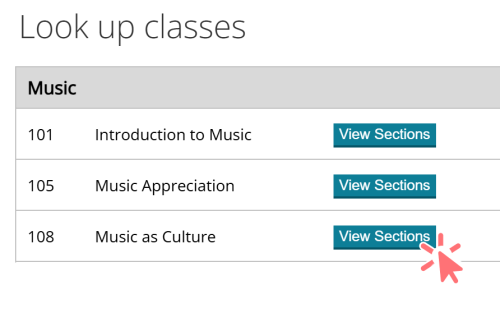 Screenshot of look up classes page clicking view sections button