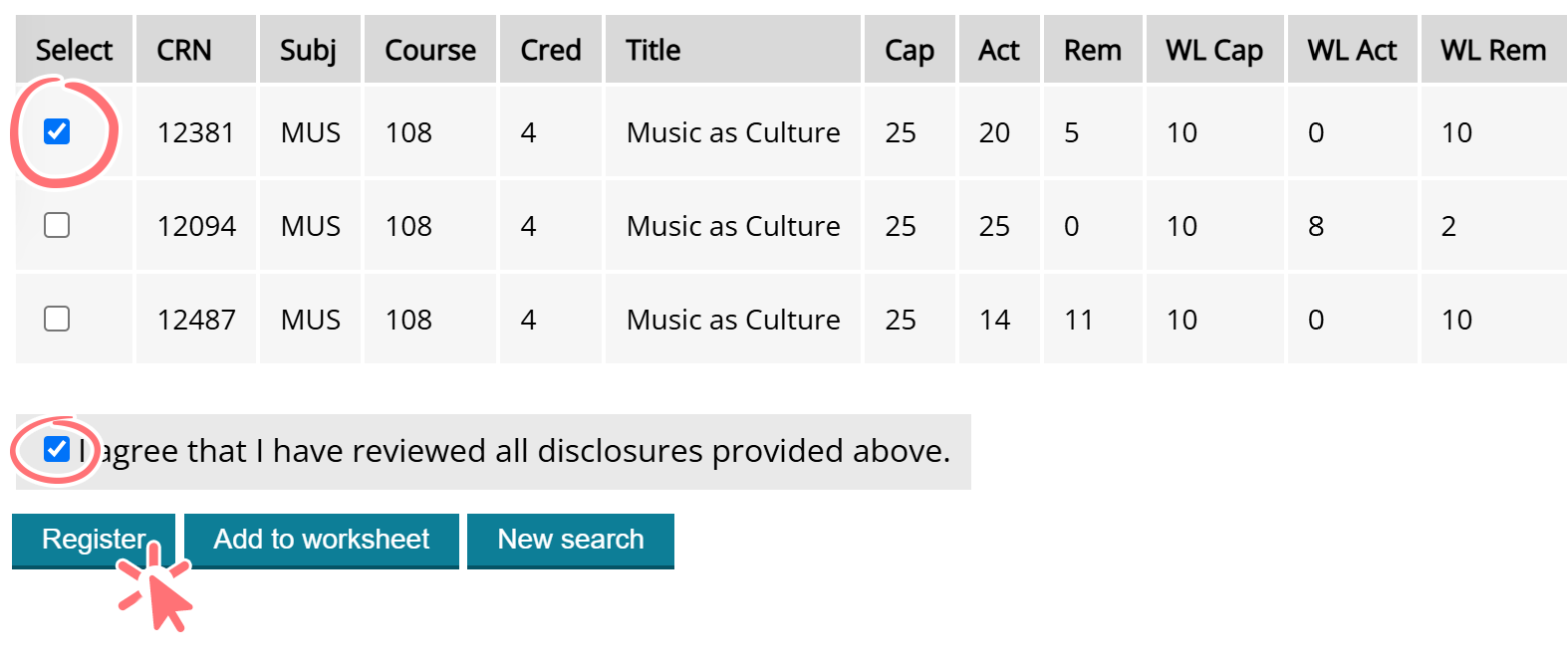 screenshot of look up classes page with checkbox in select column checked, and clicking the register button