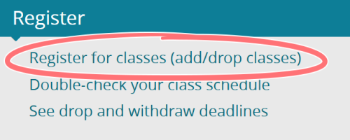 screenshot of mypcc home tab with register for classes circled