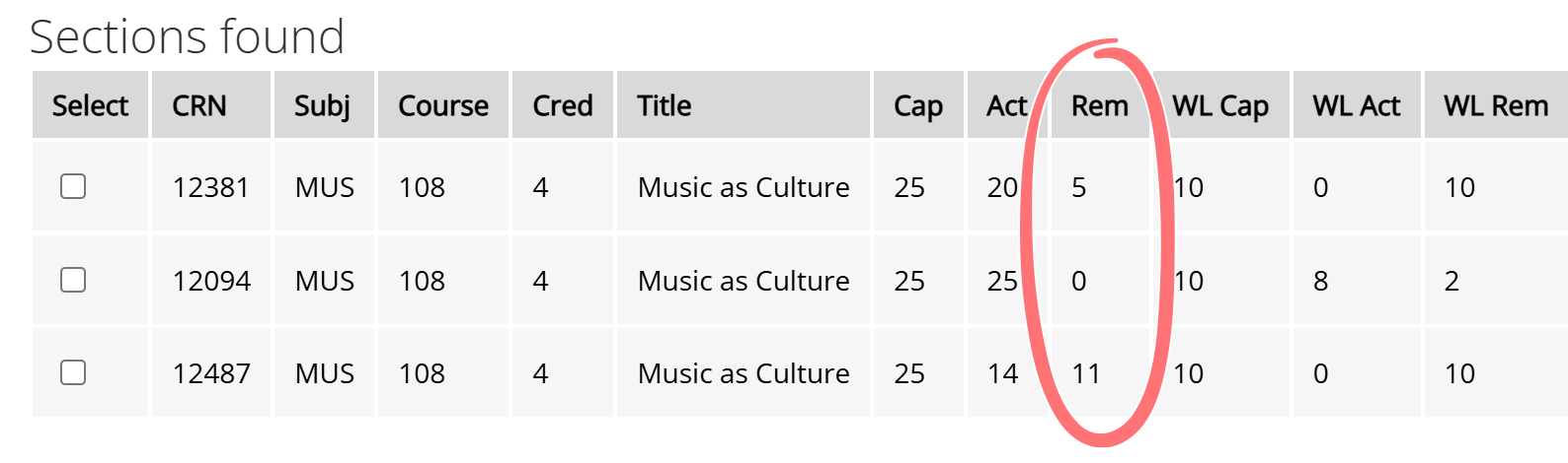 screenshot of look up classes page with rem column circled