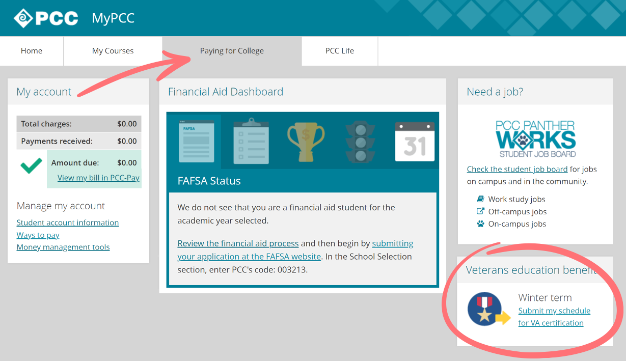 Mypcc paying for college tab screenshot