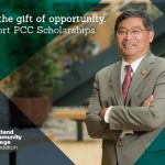 Photo of PCC President Mark Mitsui with the caption 'Give the gift of opportunity. Support PCC Scholarships.'