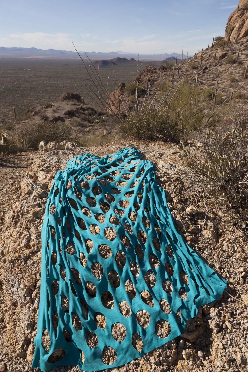 Color photograph of a desert landscape showing distant hills and sky in the background on the upper left of the image, In the foreground is a rectangular blue fabric with a grid of large holes cut out of it.
