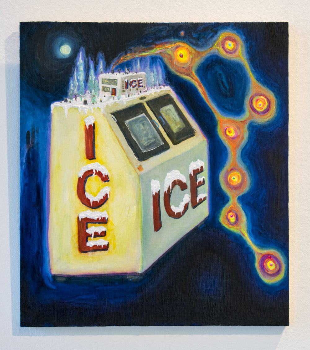 painting of ice machine with abstract orange shapes on the right side
