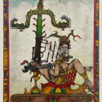 Intalglio print that has been hand colored. A male figure dressed in the style of indigenous people of Central America is laying back on an elaborately decorated platform. His body is seen in profile. The base of the platform looks like the base of a tank, with gears and a tread. Protruding from the mouth of the man is what looks like the barrel and scope of a weapon, and a tall plant grows out of that barrel. In the background is a cloudy sky with a band of light blue at the top. A colorful border frames the image. Predominant colors in the work include green, red, yellow, brown and blue.