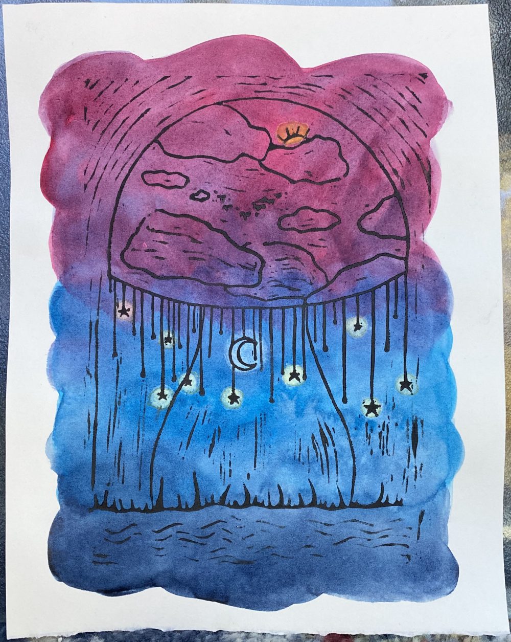 A relief print in black of a mushroom with a sunny sky in the top with starts and the moon hanging from it; printed upon a water color gradient from a dark blue to a pinkish-purple with lighter spots around each light source.