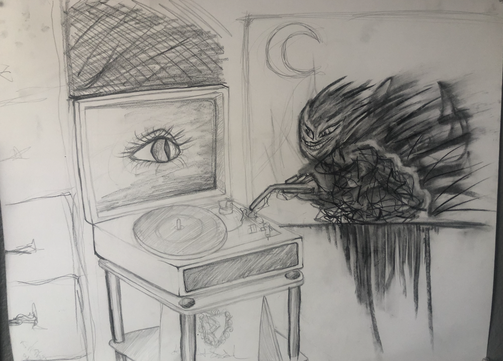 A monster coming out of a painting to touch the record player that has an eye.