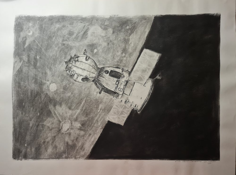 This monochrome drawing showing the lonely abandoned spaceship against the background of the moon and black deep space.