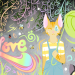 A photograph of a cement wall with colorful illustrations drawn on it, two cartoon cats are in the foreground, twisting vines and plant life alongside graffiti are in the background.