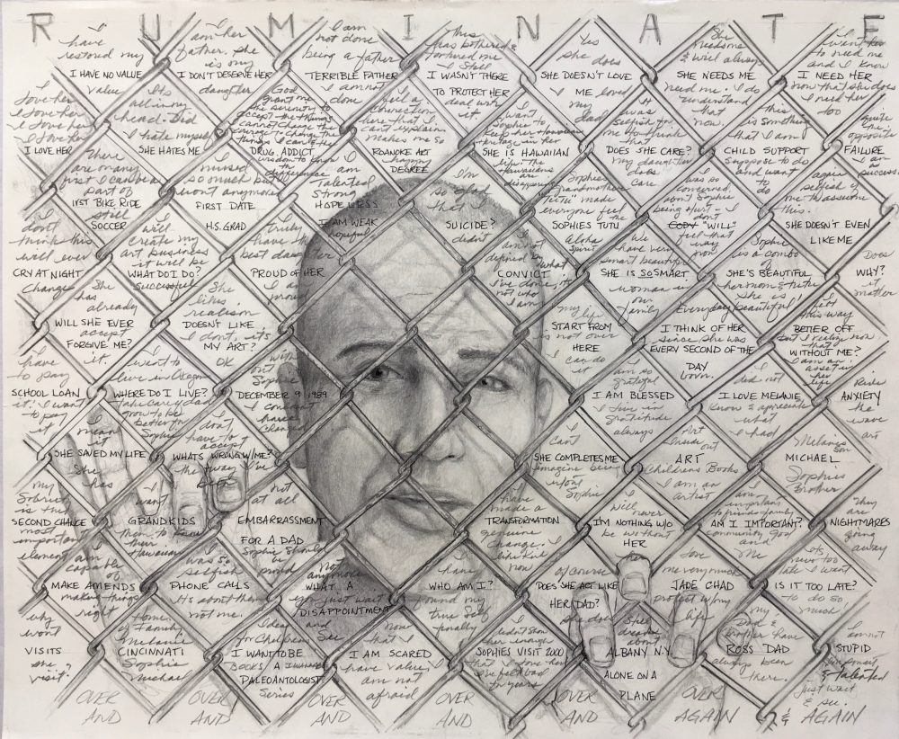 Drawing of a head and two hands behind a fence; the background is filled with writing.