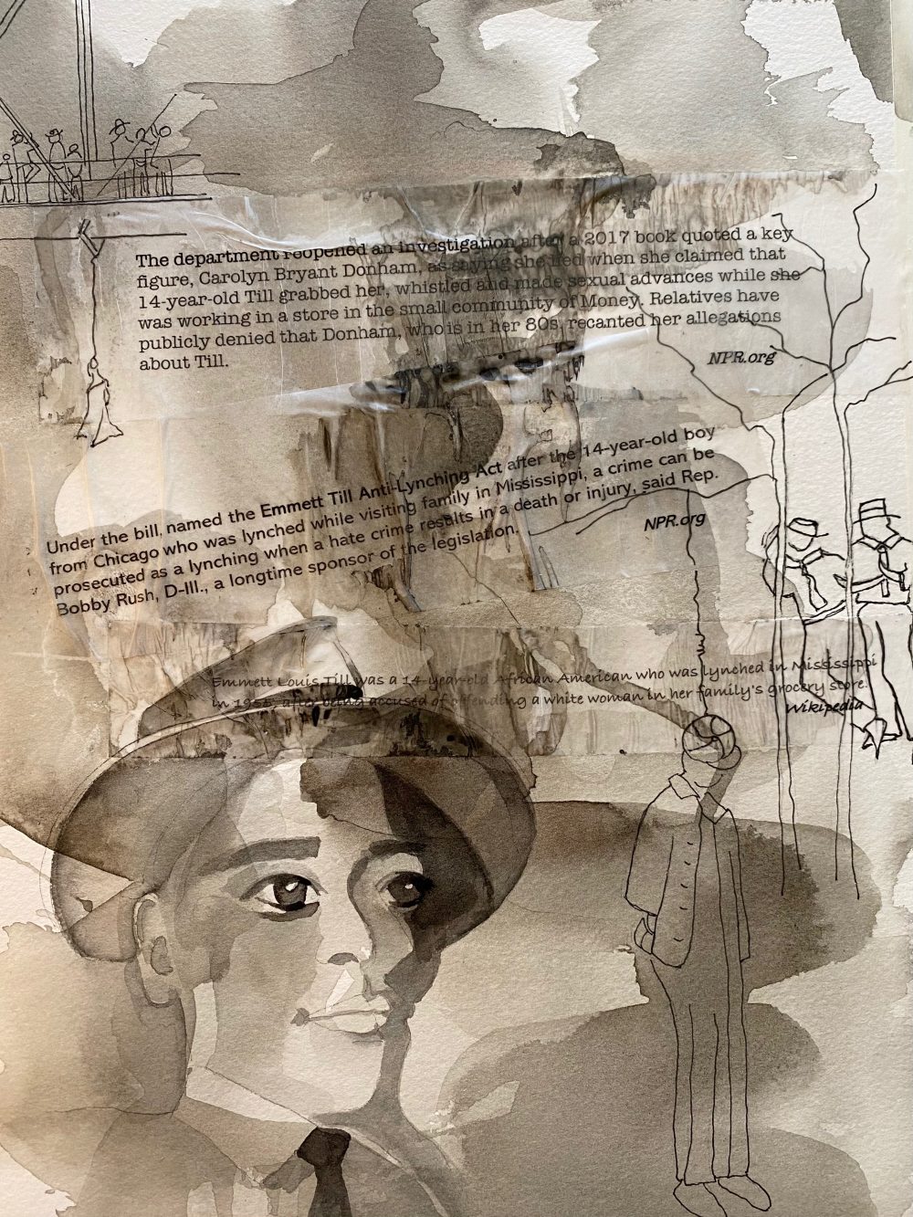 Ink wash and collage, layers of figures and text, related to HR55, The Emmett Till Anti-Lynching Bill.