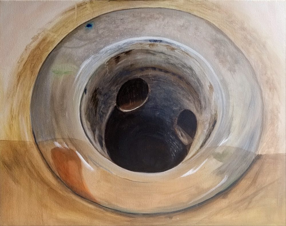 A painting of a close-up view of a drain and the pipe.