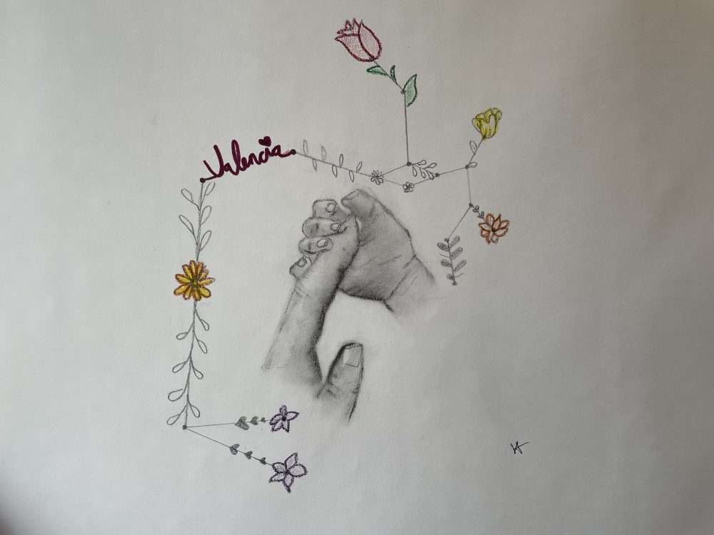 A pencil drawing of an infant hand grabbing an adults finger with the sagittarius zodiac constellation surrounding the drawing.