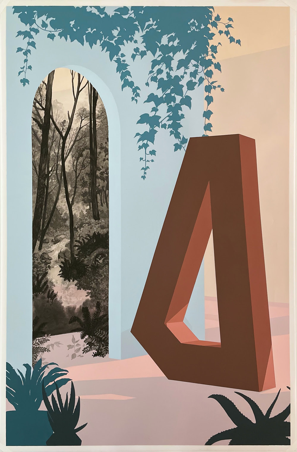 Collage artwork showing interior grotto with large geometric shapes