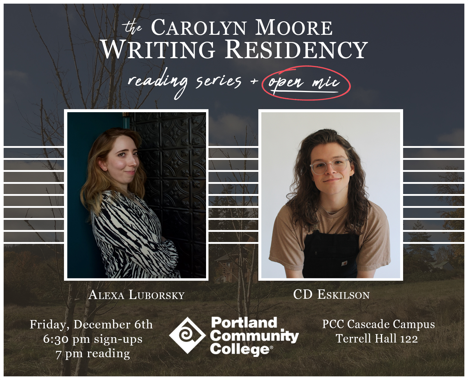 a flyer for the CMRS reading and open mic featuring poets Alexa Duborsky and CD Eskilson