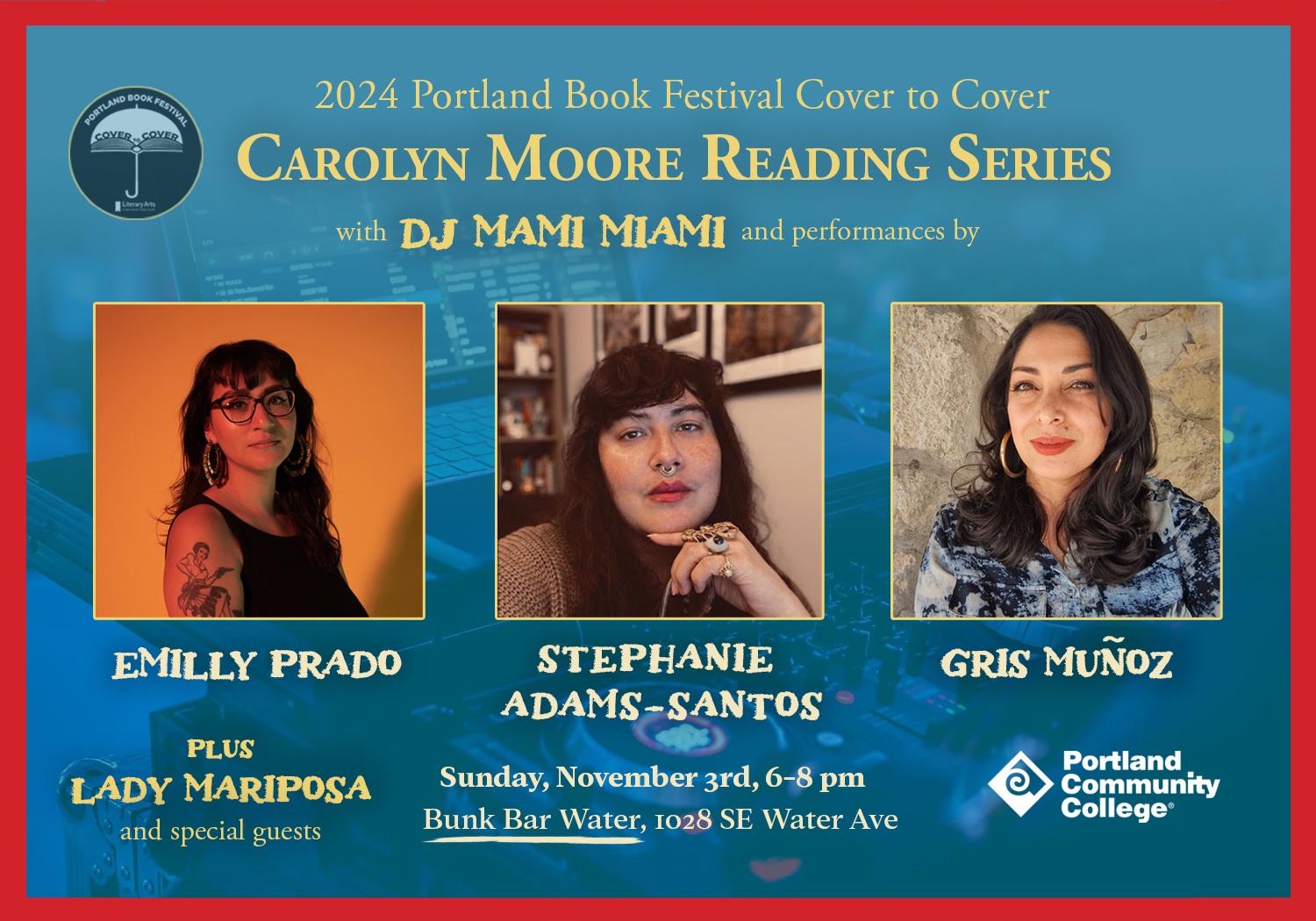 a flyer for a poetry reading featuring Emilly Prado, Stephanie Adams-Santos, and Gris Muñoz