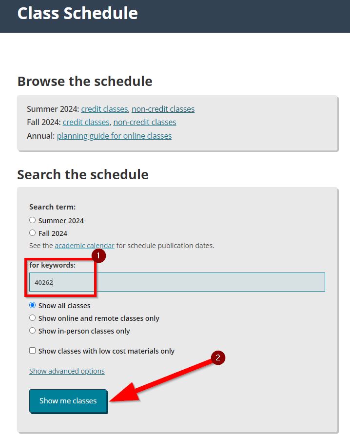 Screenshot of https://www.pcc.edu/schedule/ that highlights where to enter a CRN to search for a specific course.