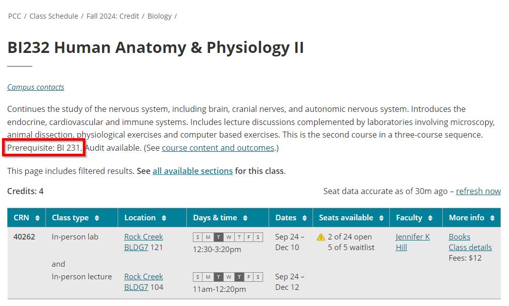 Screenshot of a course page from the class schedule highlighting the prerequisites near the end of the course description.