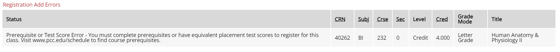 A screenshot of the Registration Add Error message received when attempting to register for a course for which prerequisites are not met.