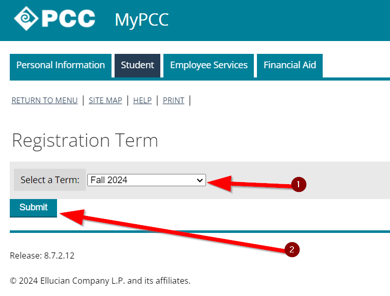 Red arrows pointing to the term selection drop down and the submit button on the Registration Term selection page