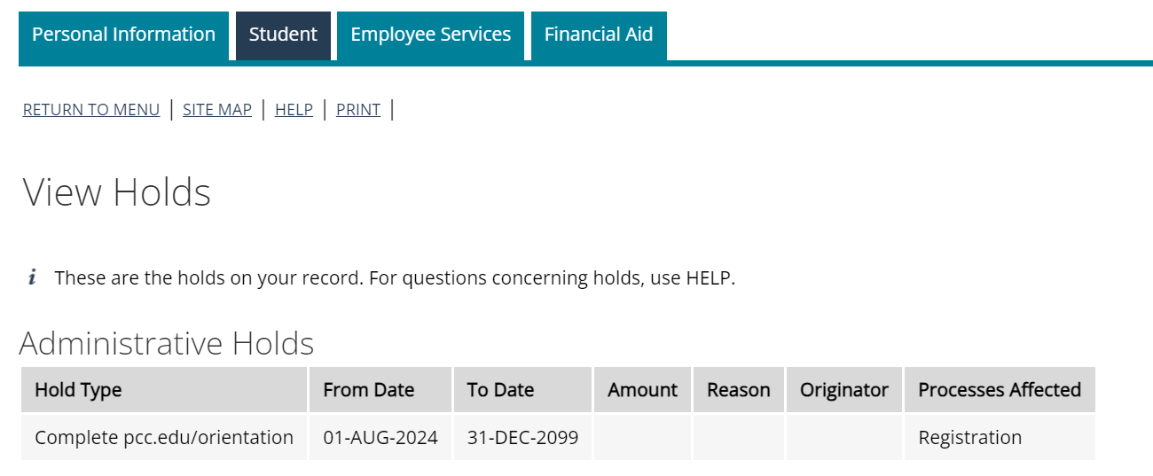 View Holds page showing an Administrative hold for Complete pcc.edu/orientation