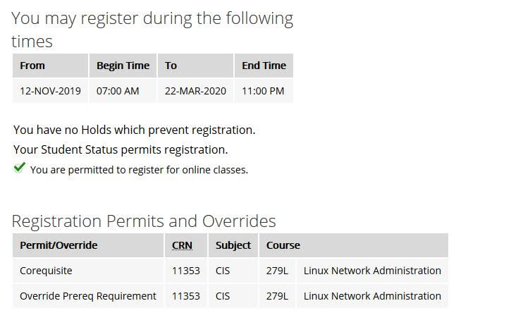 Screenshot of registration status page with an approved prerequisite override