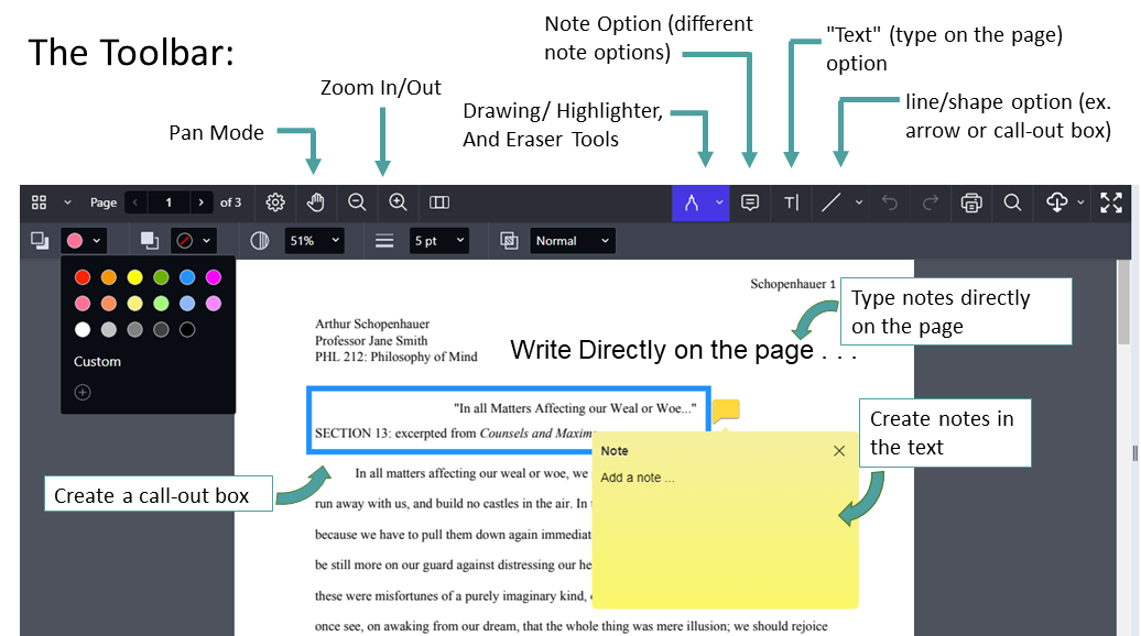 Screenshot of D2L Feedback Annotation Toolbar, using the call-out box, note tool, and text tool.