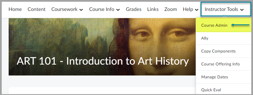 Instructor tools drop down in the navigation bar highlighting Course Admin Link