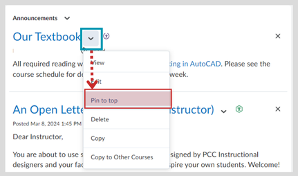 dropdown arrow directing toward pin to top