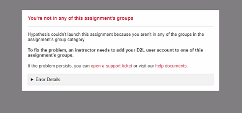 An example of the Hypothes.is error students receive when not in a group in D2L.