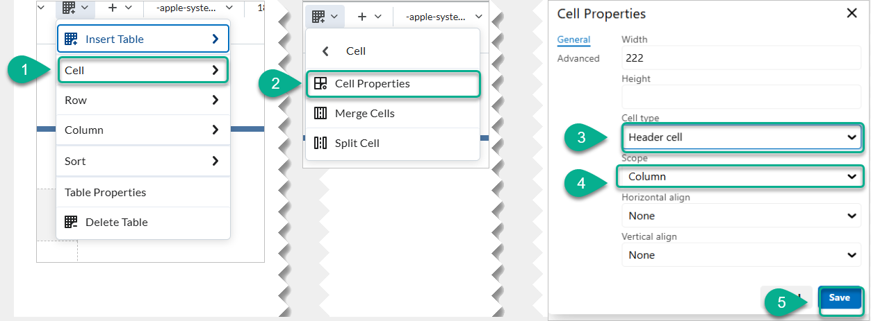 Step-by-step guide showing how to access and adjust cell properties in a D2L Brightspace HTML editor.