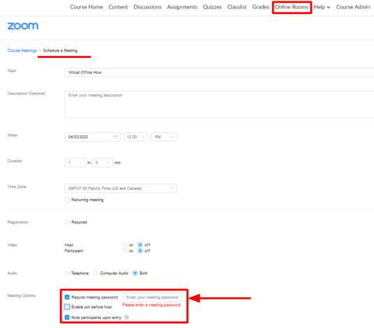 Creating the meeting from Zoom inside Brightspace