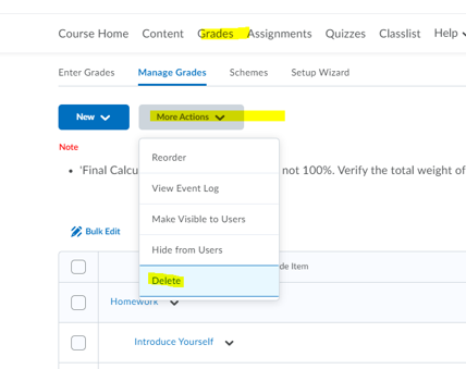 Delete the gradebook items from gradebook