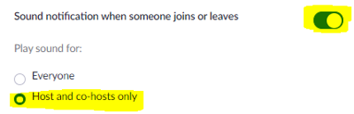 In the In Meeting (Basic), set the Play sound for sound notification when someone joins or leaves to Host and co-host only