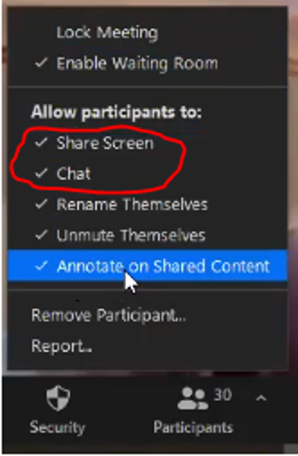 Make sure in the Security icon inside your meeting, you have "Share screen" and Chat" checked 