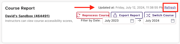 The “Refresh” link is near the top right of the Course Report page near a timestamp. This will refresh the Course Report without reprocessing any course files.