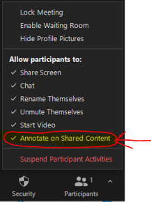 When you’re in the zoom meeting and sharing your screen, check the Security icon if you want to allow your students to share their screen or annotate on the shared screen