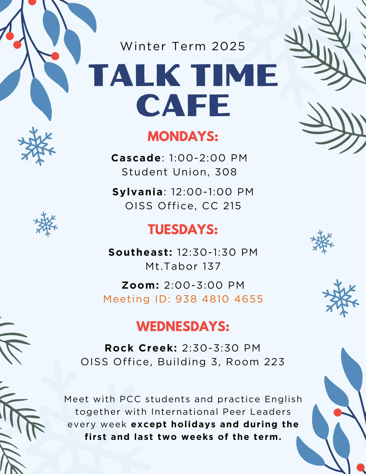 Talk Time Cafe flyer for Winter 2025