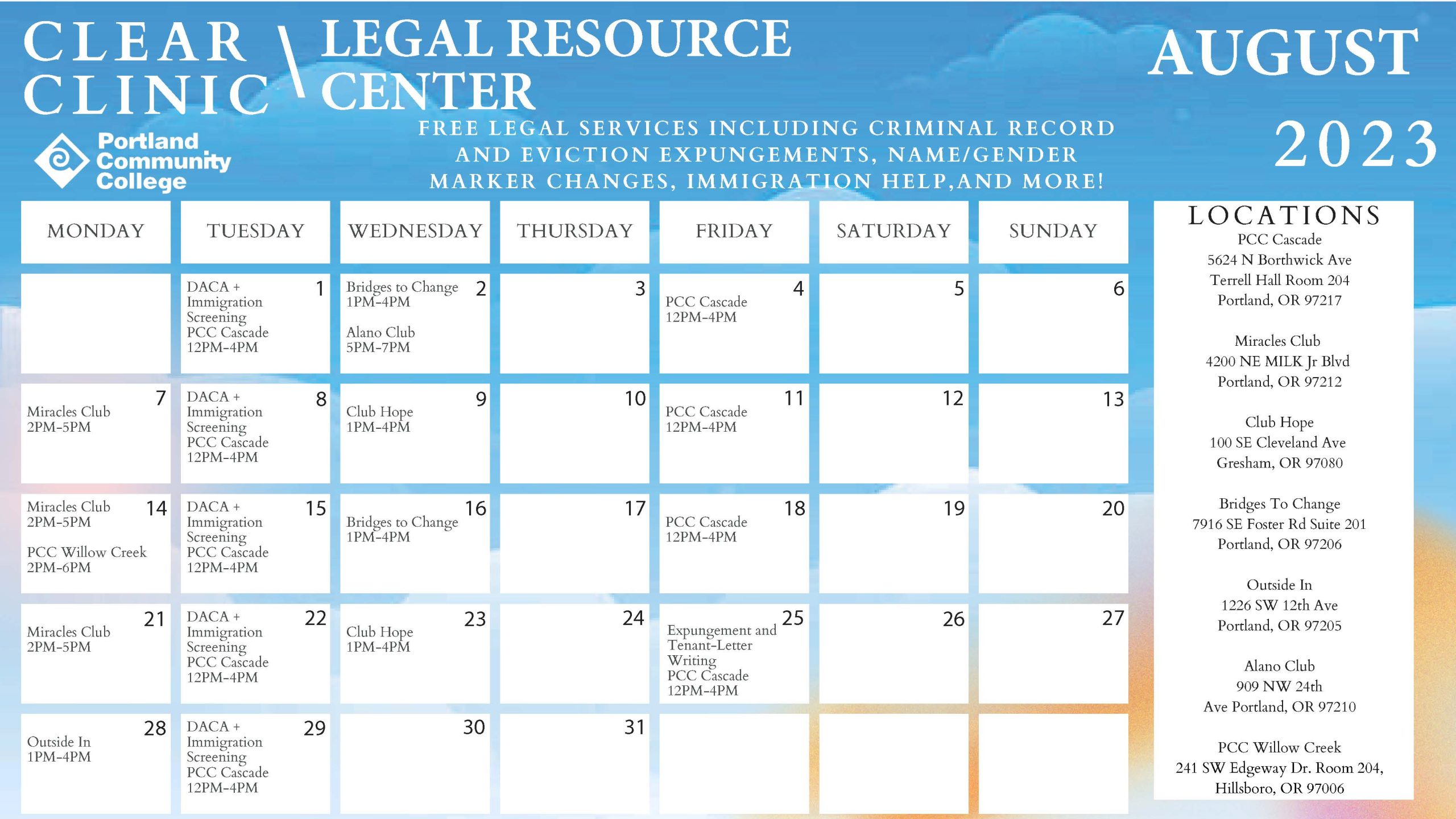 Calendar PCC Legal Resource Center at PCC