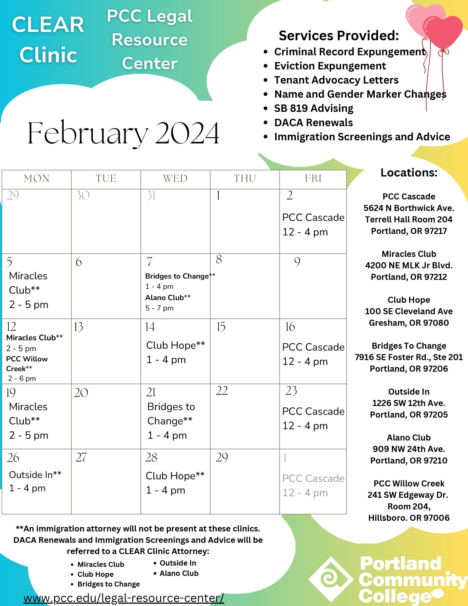 Calendar PCC Legal Resource Center at PCC