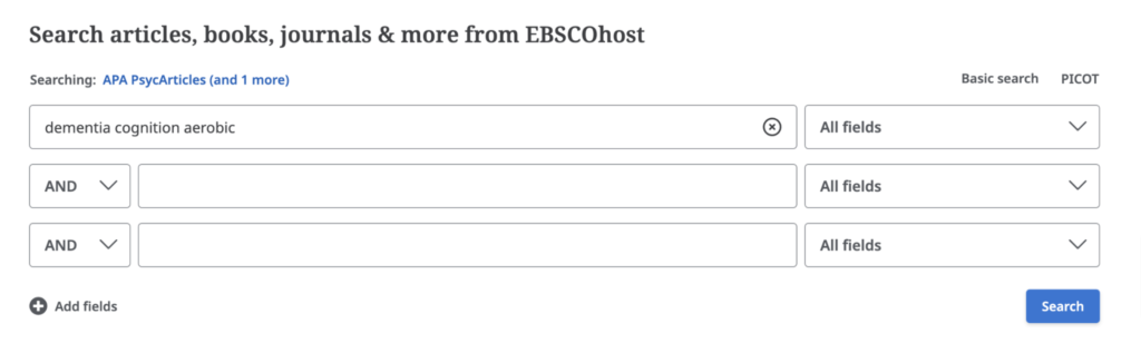 Screenshot of the advanced search box field in PsychINFO with the search terms dementia cognition aerobic entered into the first search box. 