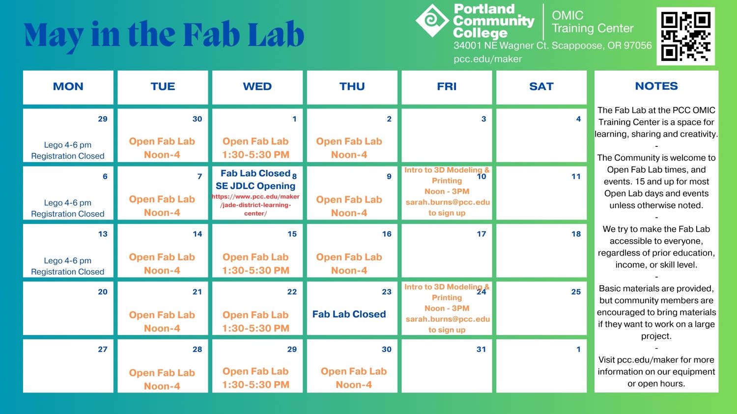 May Calendar at the OMIC Fab Lab