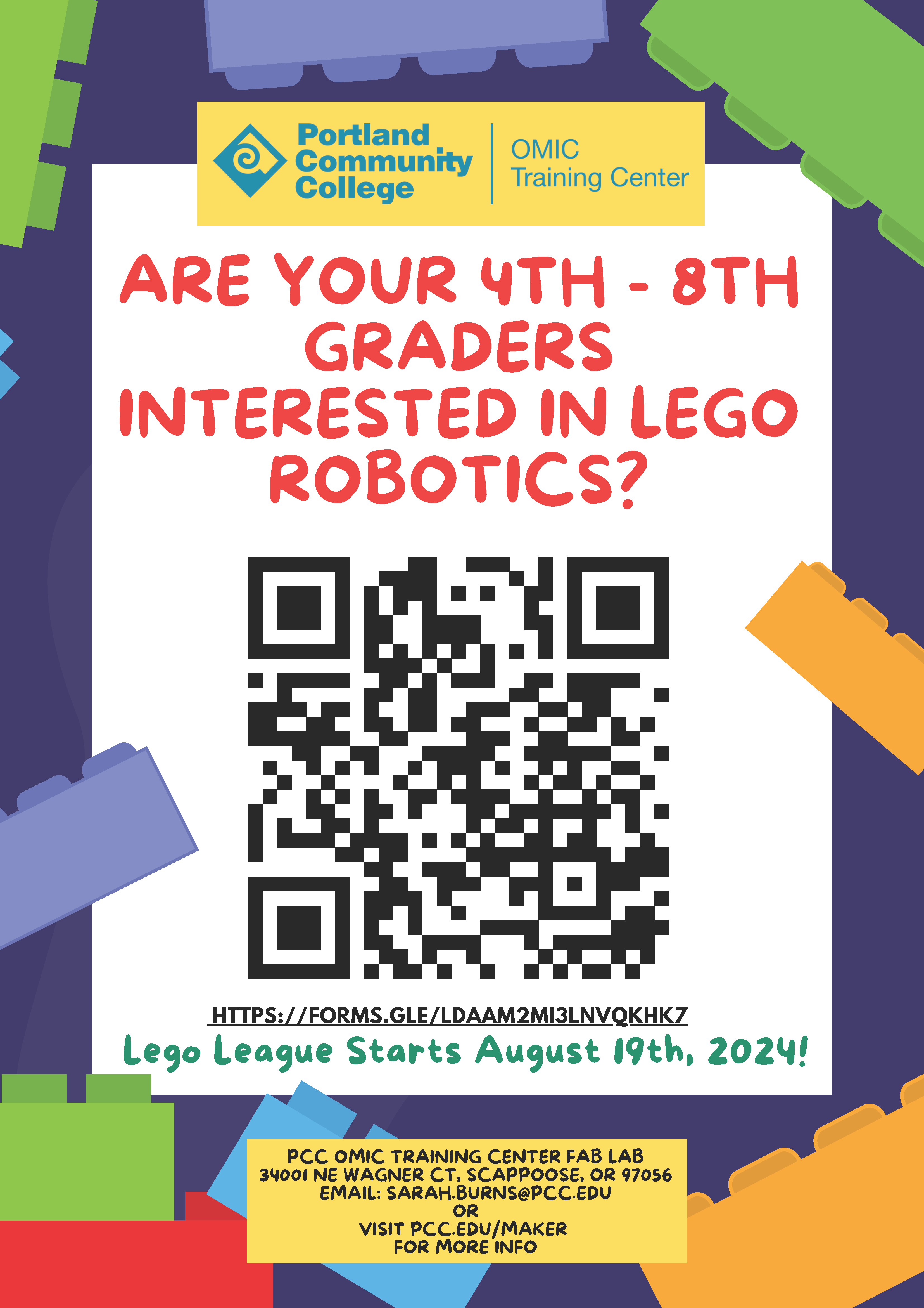 Do you have a 4th-8th grader in Columbia County who loves Legos and Robotics? The Fab Lab at the PCC OMIC Training Center are recruiting for team members for their 2024 FLLC Team.
Please visit https://forms.gle/LDAAm2Mi3LnVqKHk7 for more information.
