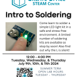 Create Space STEAM Center Intro to Soldering Come learn to solder a simple LED light kit in a safe and stress-free environment. A limited number of soldering kits are available so stop by soon! Also find out why the L is silent! 12:00 - 4:00 PM Tuesday, Wednesday, & Thursday July 9th, 10th, & 11th 2024 Summer Term Open Lab Hours Tuesday - Thursday 12 - 4 PM Terrell Hall 101 Cascade Campus pcc.edu/maker