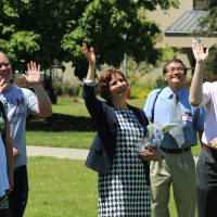 U.S. Rep. Suzanne Bonamici waves at Zippy the Drone with Rock Creek staff and Campus President Sandra Fowler-Hill (left). On the far right is Matthew Altman, Division Dean of Science & Technology at the campus.