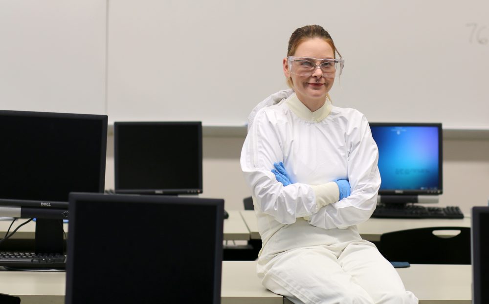 Sara Teters sits in her empty lab at the Rock Creek Campus.